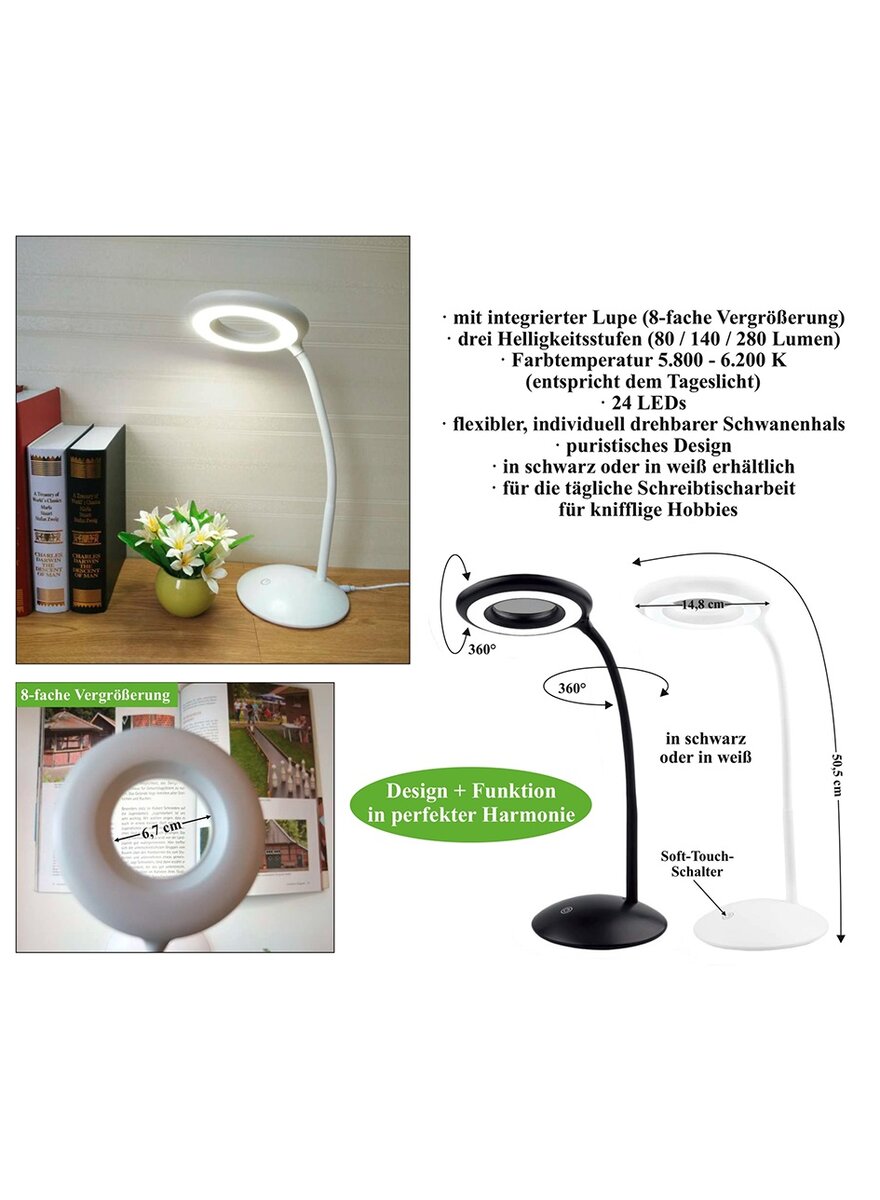 Auf diesem Bild sehen Sie das Produktbild 2 fr LED SCHREIBTISCHLEUCHTE MIT LUPE - 8-FACHE VERGRSSERUNG