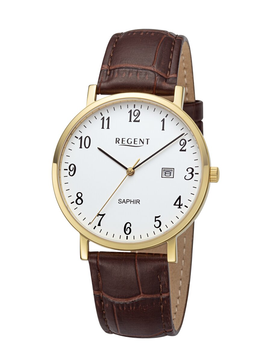 Auf diesem Bild sehen Sie das Produktbild 1 f�r HERREN-ARMBANDUHR GOLDFARBEN MIT DATUMSANZEIGE UND BRAUNEM LEDERBAND