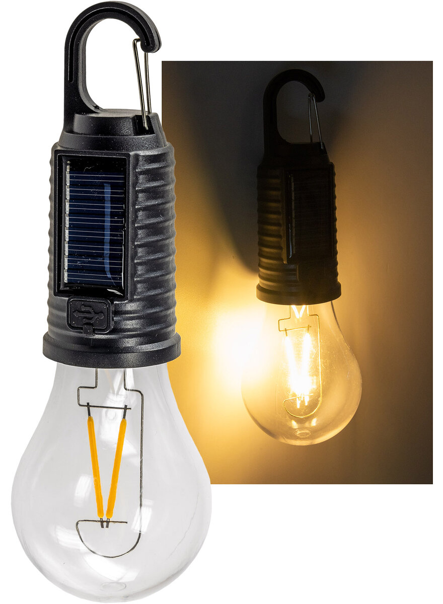 Auf diesem Bild sehen Sie das Produktbild f�r 5 LED GL�HLAMPE MIT SOLARZELLE, AKKU UND KARABINERHAKEN