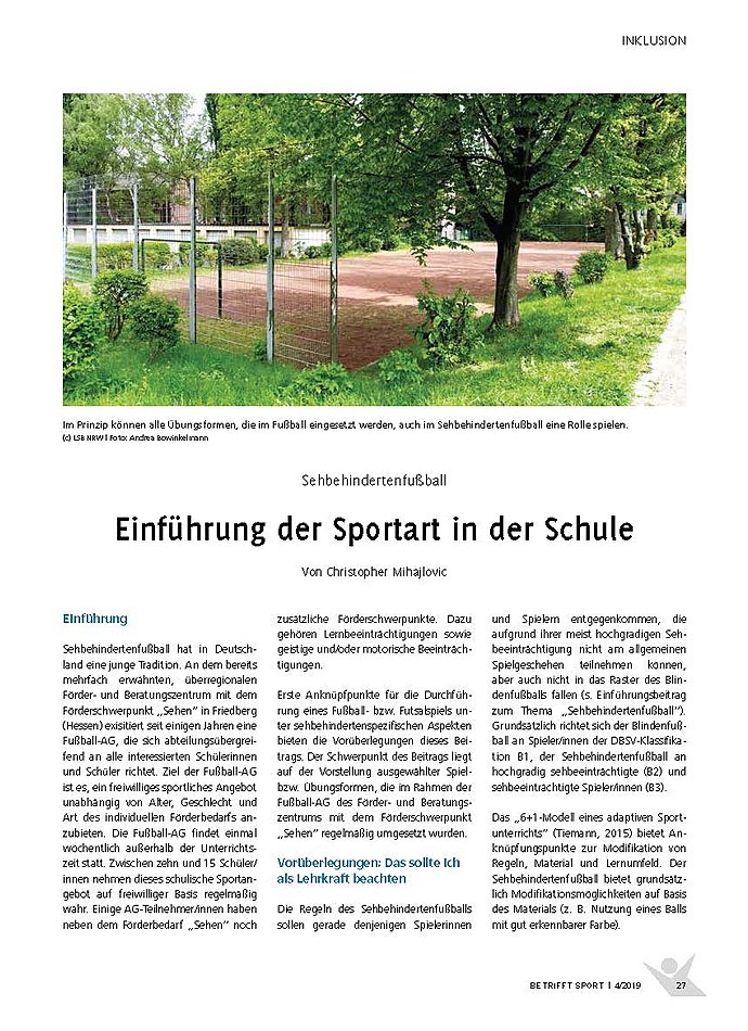 SEHBEHINDERTENFUBALL EINFHRUNG DER SPORTART IN DER SCHULE