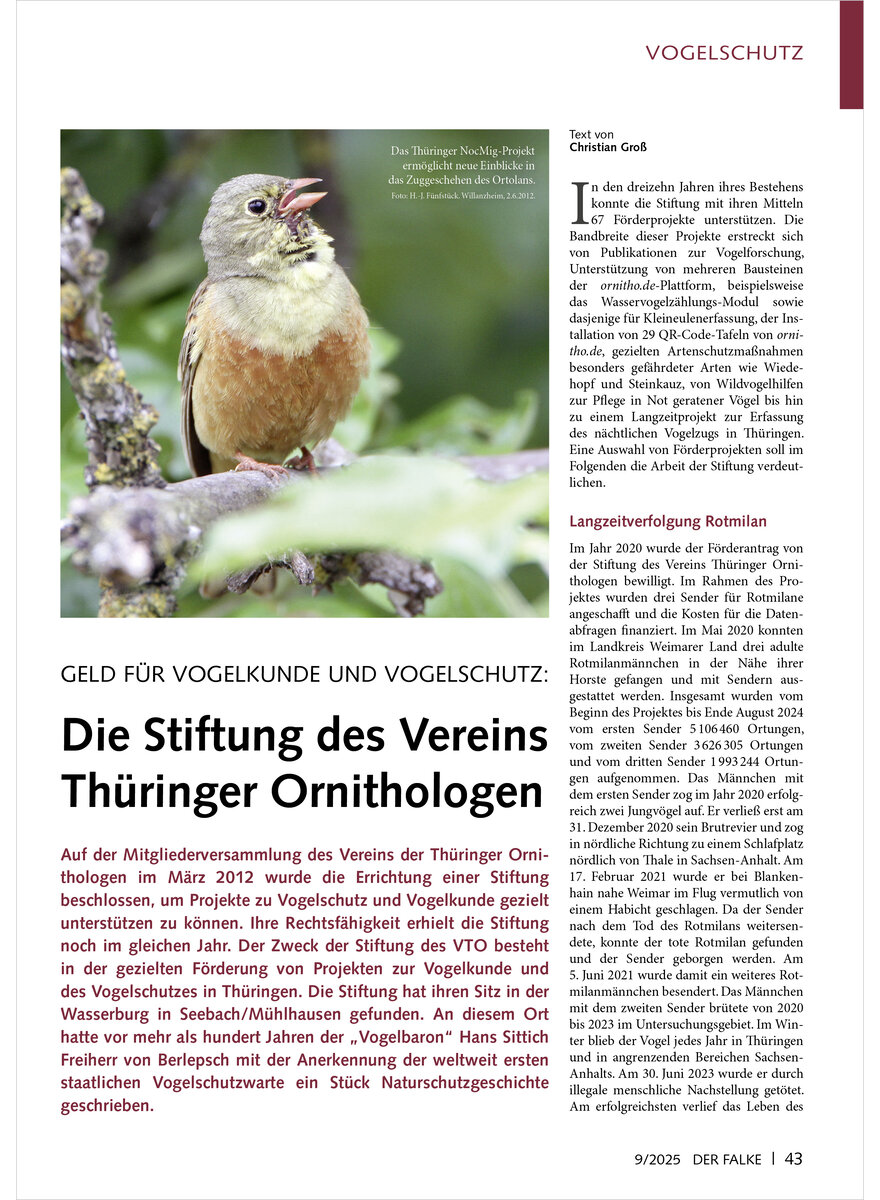Auf diesem Bild sehen Sie das Produktbild 1 fr GELD FR VOGELKUNDE UND VOGEL SCHUTZ STIFTUNG DES VEREINS THRINGER ORNITHOLOGEN