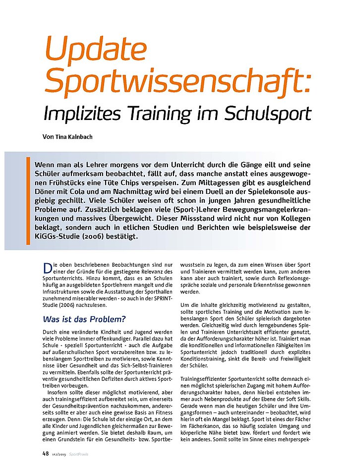 UPDATE SPORTWISSENSCHAFT: IMPLIZITES TRAINING IM SCHULSPORT