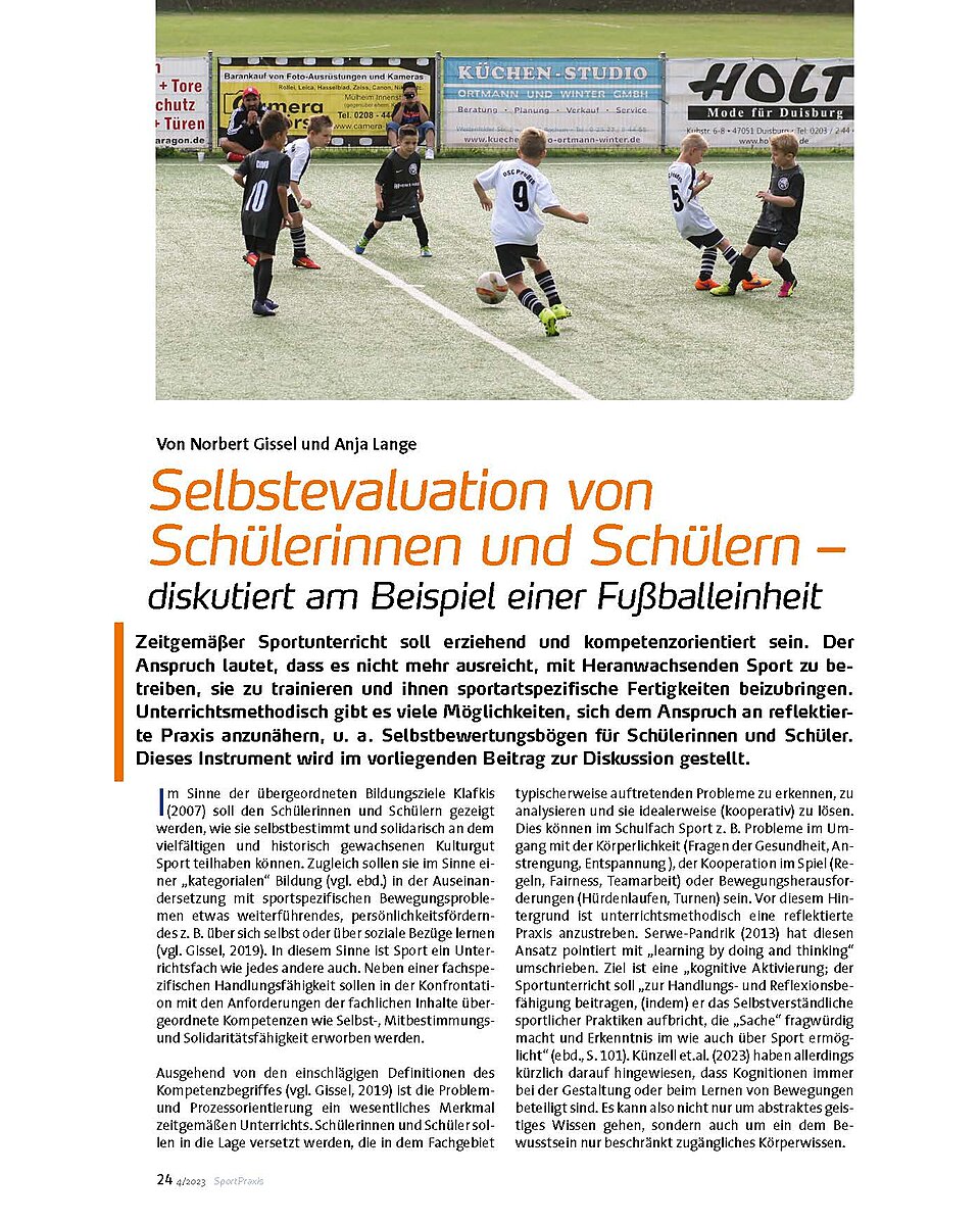 SELBSTEVALUATION VON SCHLER- INNEN UND SCHLERN AM BEISPIEL E. FUSSBALLEINHEIT