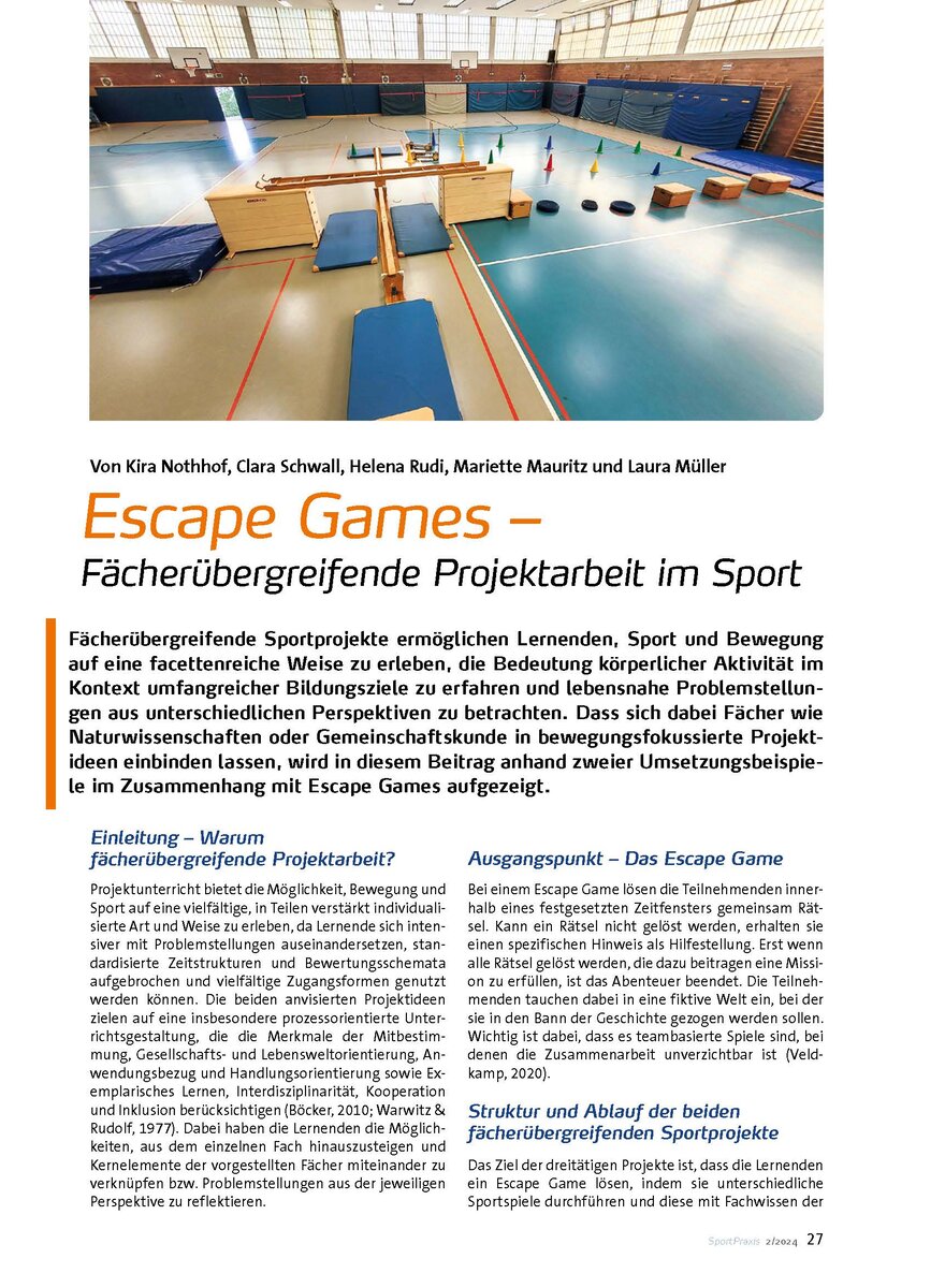 ESCAPE GAMES - FCHERBER- GREIFENDE PROJEKTARBEIT IM SPORT