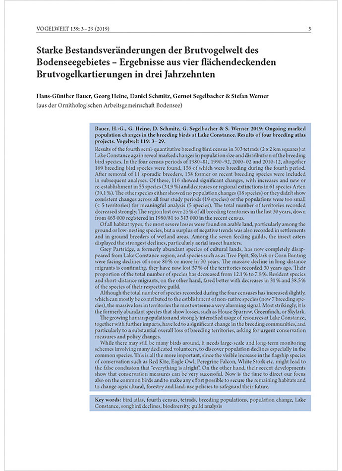STARKE BESTANDVERNDERUNG DER BRUTVOGELWELT DES BODENSEEGE BIETS