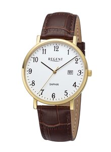 Auf diesem Bild sehen Sie das Produktbild f�r HERREN-ARMBANDUHR GOLDFARBEN MIT DATUMSANZEIGE UND BRAUNEM LEDERBAND